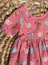 Load image into Gallery viewer, Colorful Chickens Pink Cotton Knit Boho Dress for Girls - Handmade, Twirly & Playful