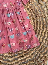 Load image into Gallery viewer, Colorful Chickens Pink Cotton Knit Boho Dress for Girls - Handmade, Twirly & Playful