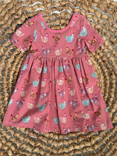 Load image into Gallery viewer, Colorful Chickens Pink Cotton Knit Boho Dress for Girls - Handmade, Twirly & Playful