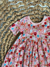 Load image into Gallery viewer, Fun & Bright Heart Cotton Knit Twirl Dress for Girls - Handmade with Glitter Details