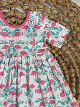 Load image into Gallery viewer, Pink Flamingo and Teal Damask Cotton Knit Ballet Twirl Dress for Girls - Handmade & Vibrant