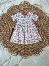 Load image into Gallery viewer, Pink Flamingo and Teal Damask Cotton Knit Ballet Twirl Dress for Girls - Handmade & Vibrant