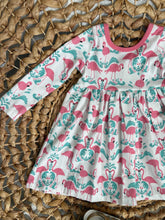 Load image into Gallery viewer, Pink Flamingo and Teal Damask Long Sleeve Cotton Knit Ballet Twirl Dress for Girls - Handmade & Vibrant