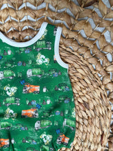 Load image into Gallery viewer, Sleeveless Baby Boy Bubble Romper with Recycle & Garbage Truck Design - Handmade, Soft Cotton