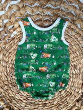 Load image into Gallery viewer, Sleeveless Baby Boy Bubble Romper with Recycle & Garbage Truck Design - Handmade, Soft Cotton