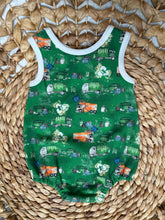 Load image into Gallery viewer, Sleeveless Baby Boy Bubble Romper with Recycle & Garbage Truck Design - Handmade, Soft Cotton