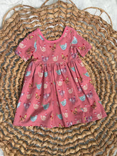 Load image into Gallery viewer, Colorful Chickens Pink Cotton Knit Boho Dress for Girls - Handmade, Twirly & Playful