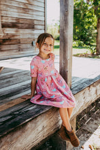 Load image into Gallery viewer, Colorful Chickens Pink Cotton Knit Boho Dress for Girls - Handmade, Twirly & Playful