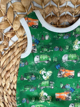 Load image into Gallery viewer, Sleeveless Baby Boy Bubble Romper with Recycle & Garbage Truck Design - Handmade, Soft Cotton