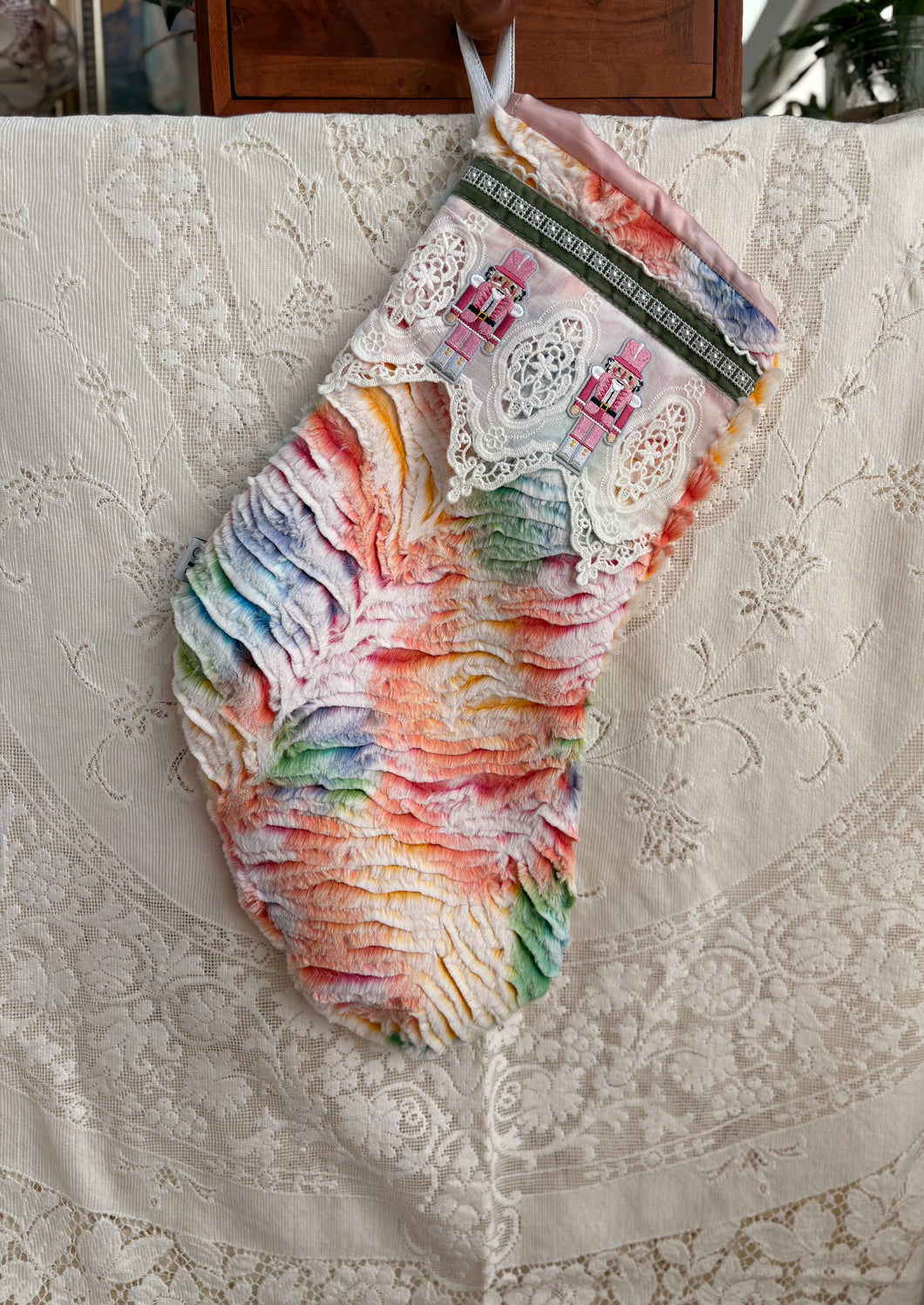 Heirloom OOAK Christmas Stocking: Pink Nutcracker & Lace