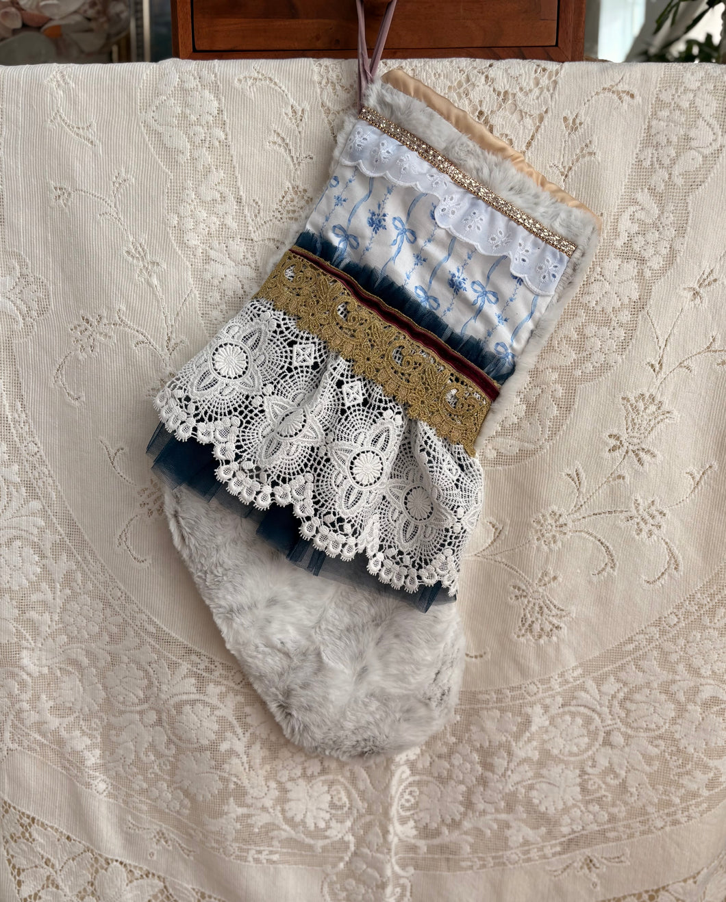 Heirloom OOAK Christmas Stocking: Blue Winter