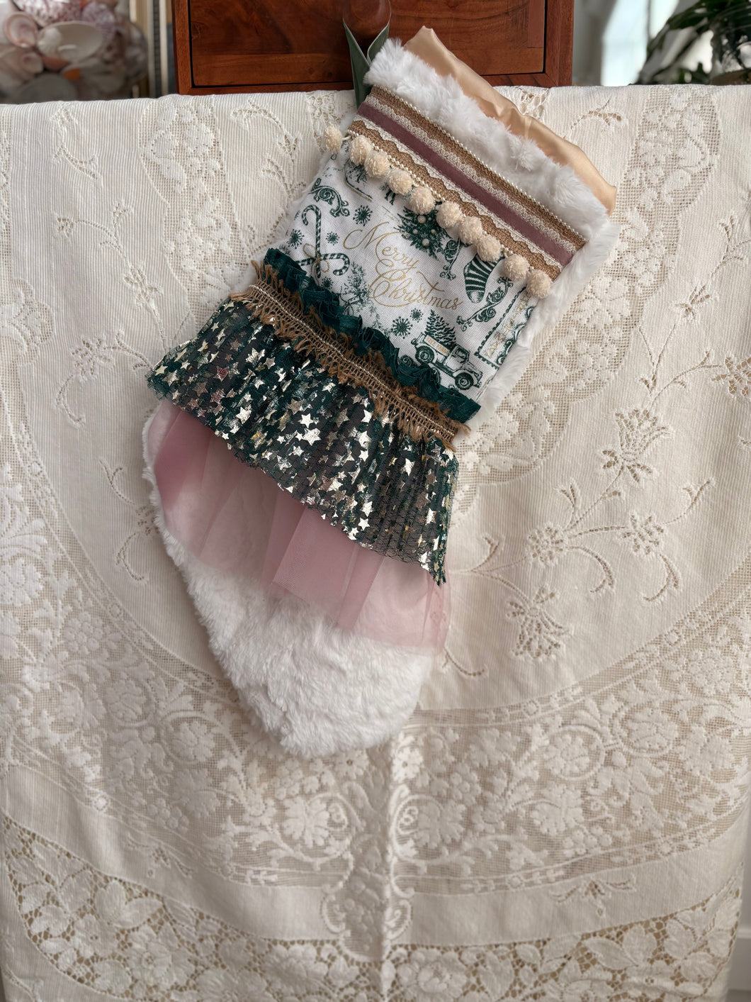 Heirloom OOAK Christmas Stocking: Green Christmas Stars