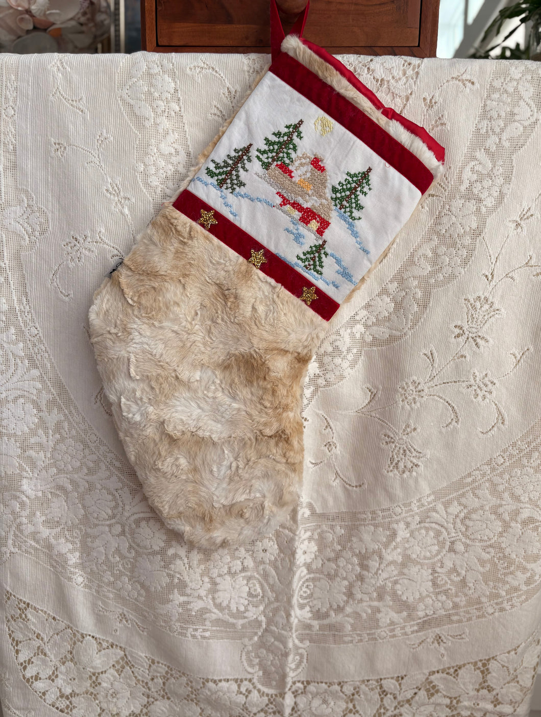 Heirloom OOAK Christmas Stocking: Vintage Cross-Stitch