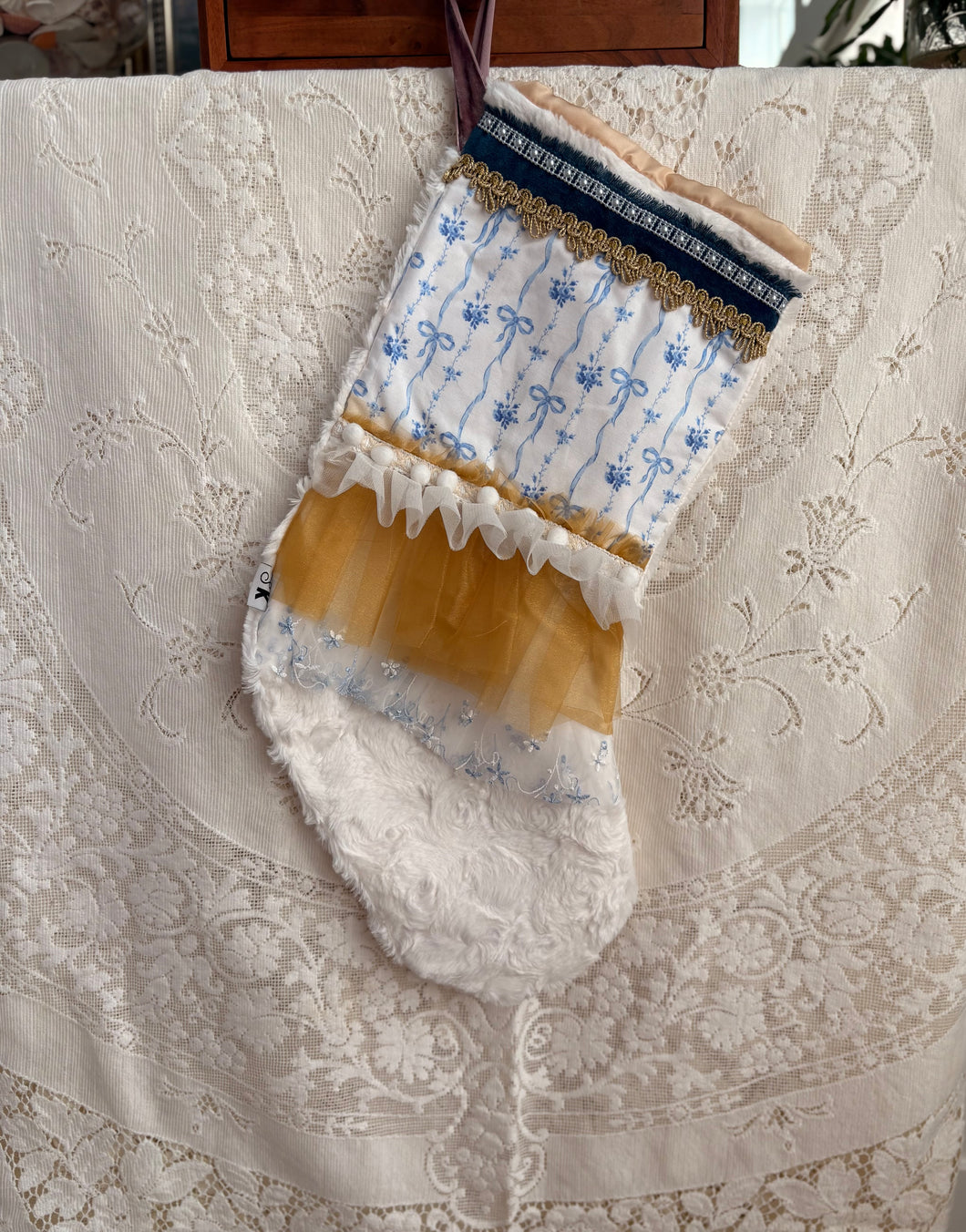 Heirloom OOAK Christmas Stocking: Blue Bows