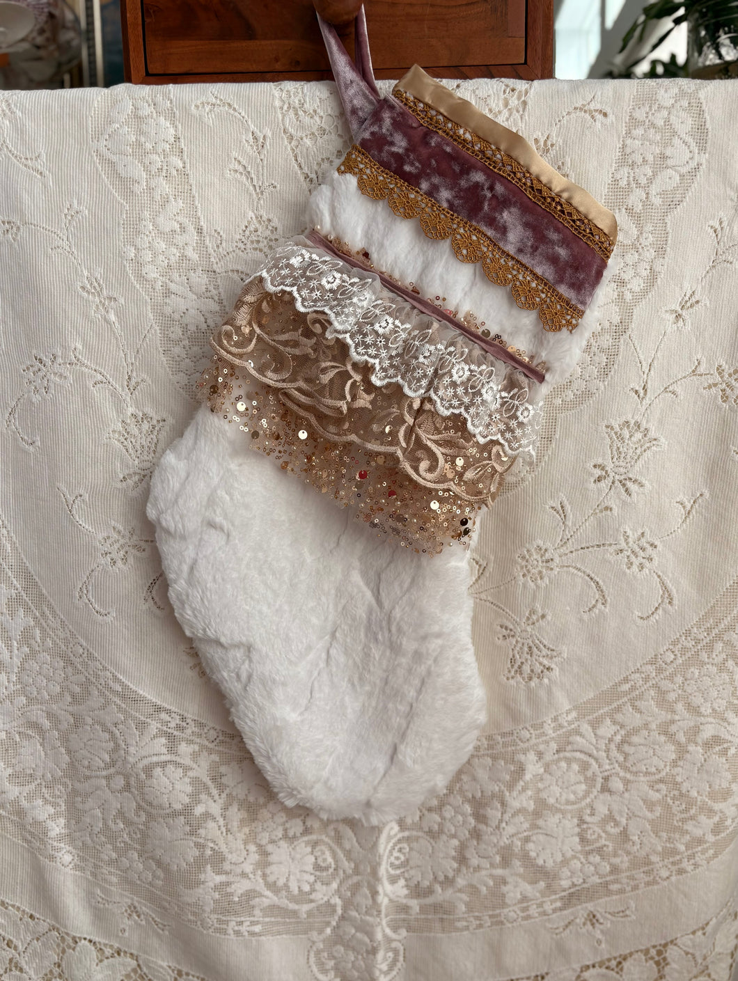 Heirloom OOAK Christmas Stocking: Lace & Sparkles