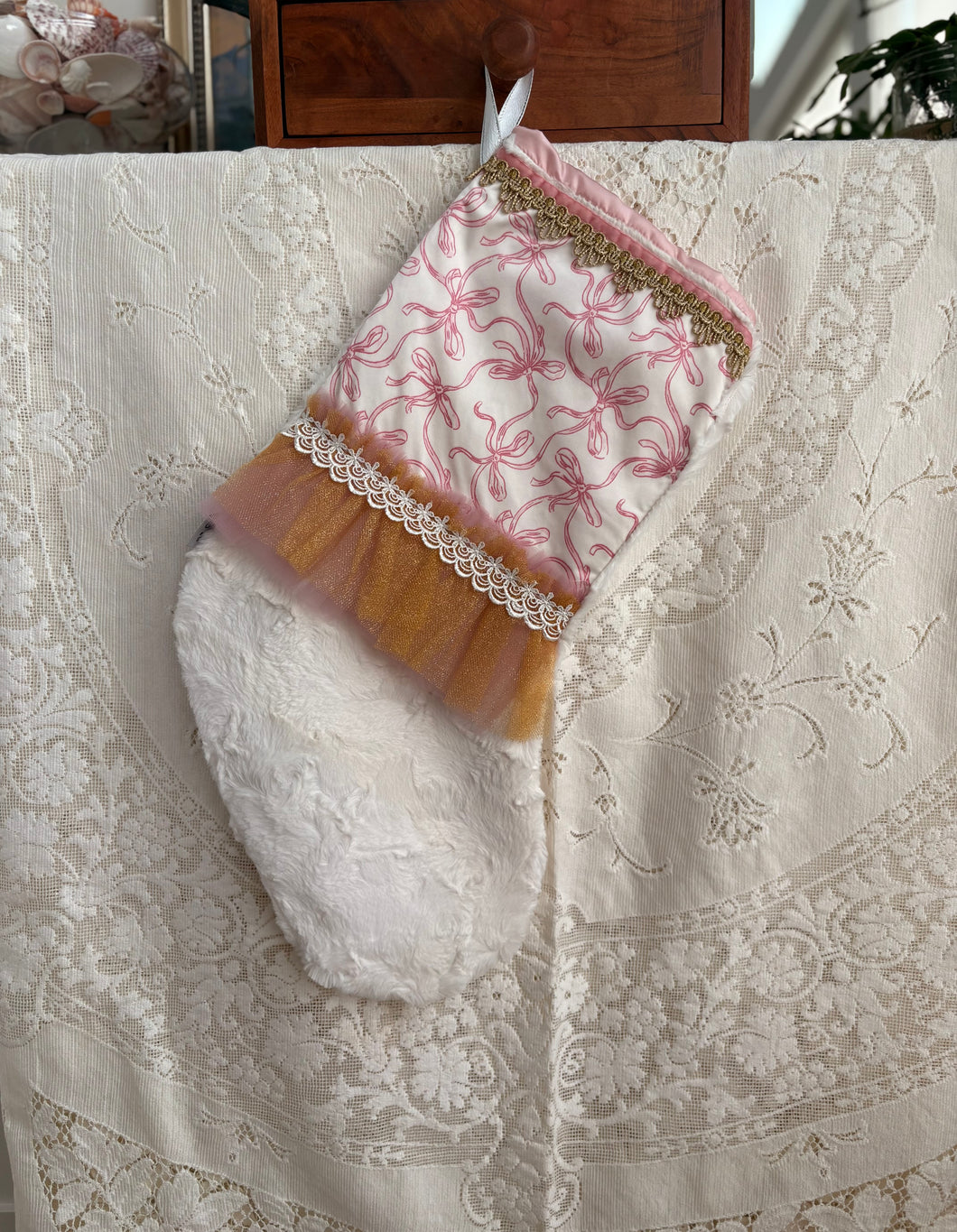 Heirloom OOAK Christmas Stocking: Pink Bows