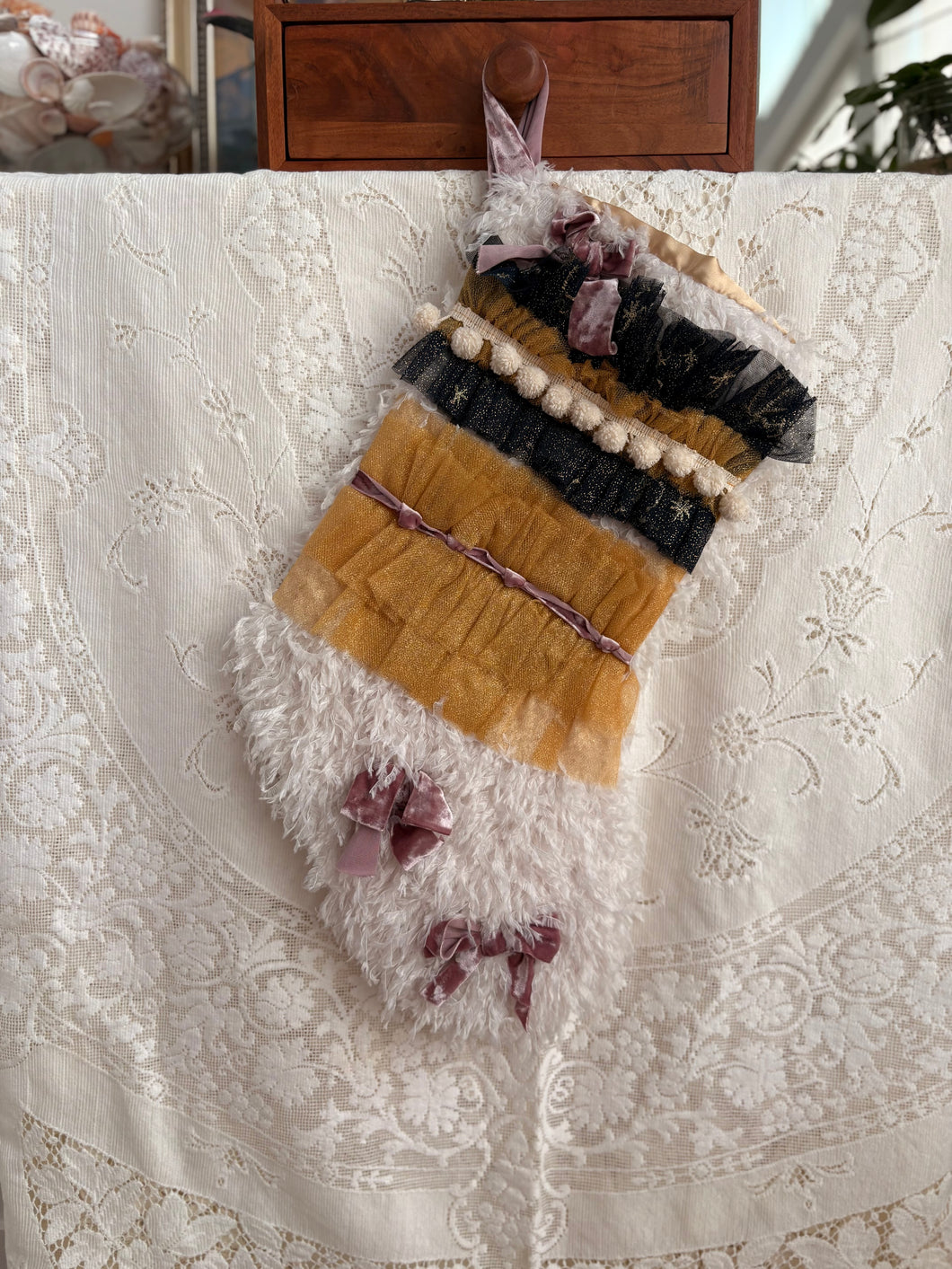 Heirloom OOAK Christmas Stocking: Gold & Navy Bows