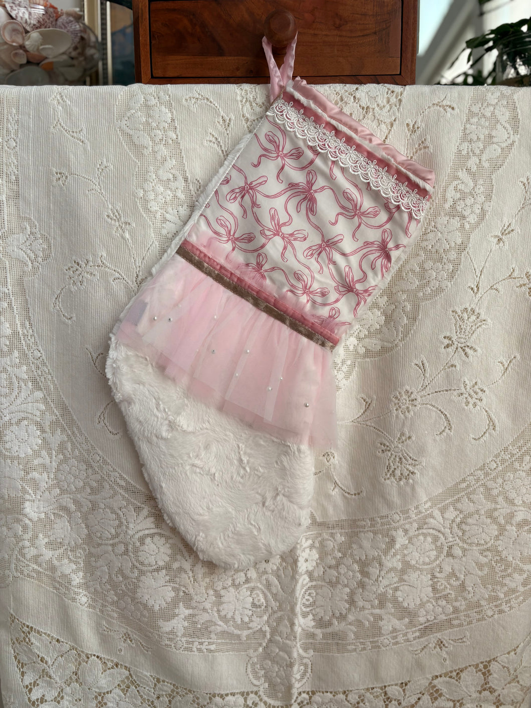 Heirloom OOAK Christmas Stocking: Bows and Pearls