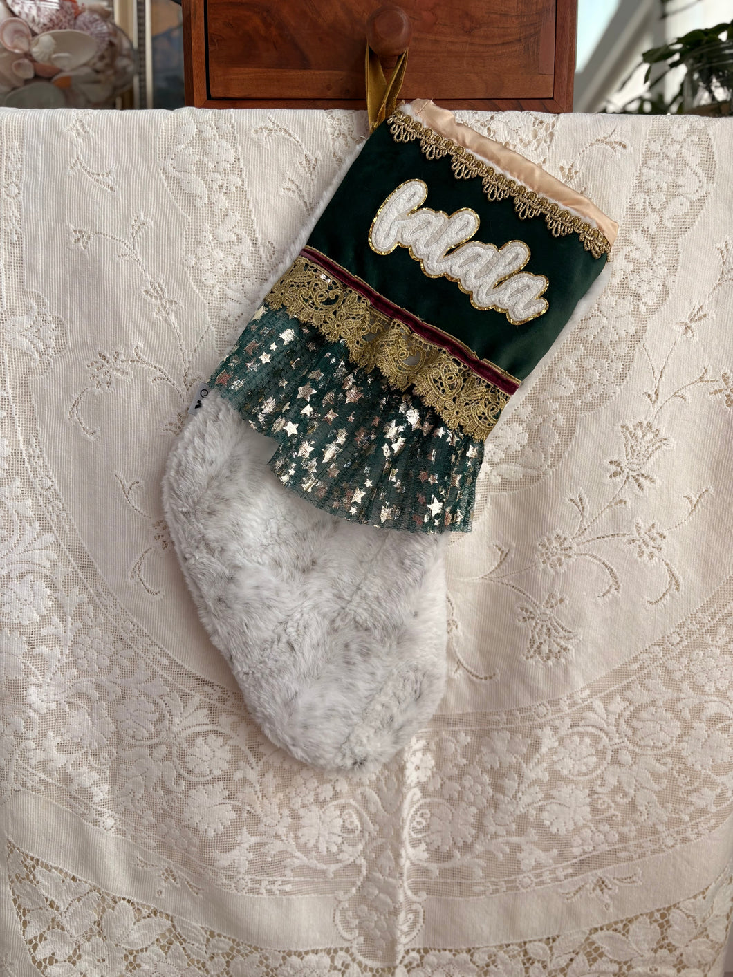 Heirloom OOAK Christmas Stocking: Green Falala
