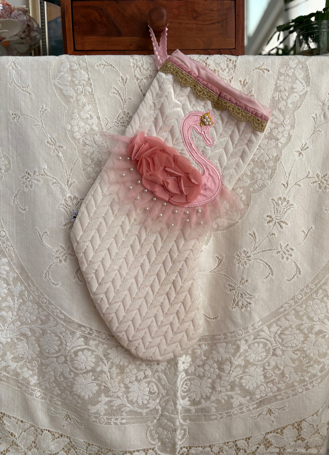 Heirloom OOAK Christmas Stocking: Pink Swan 2
