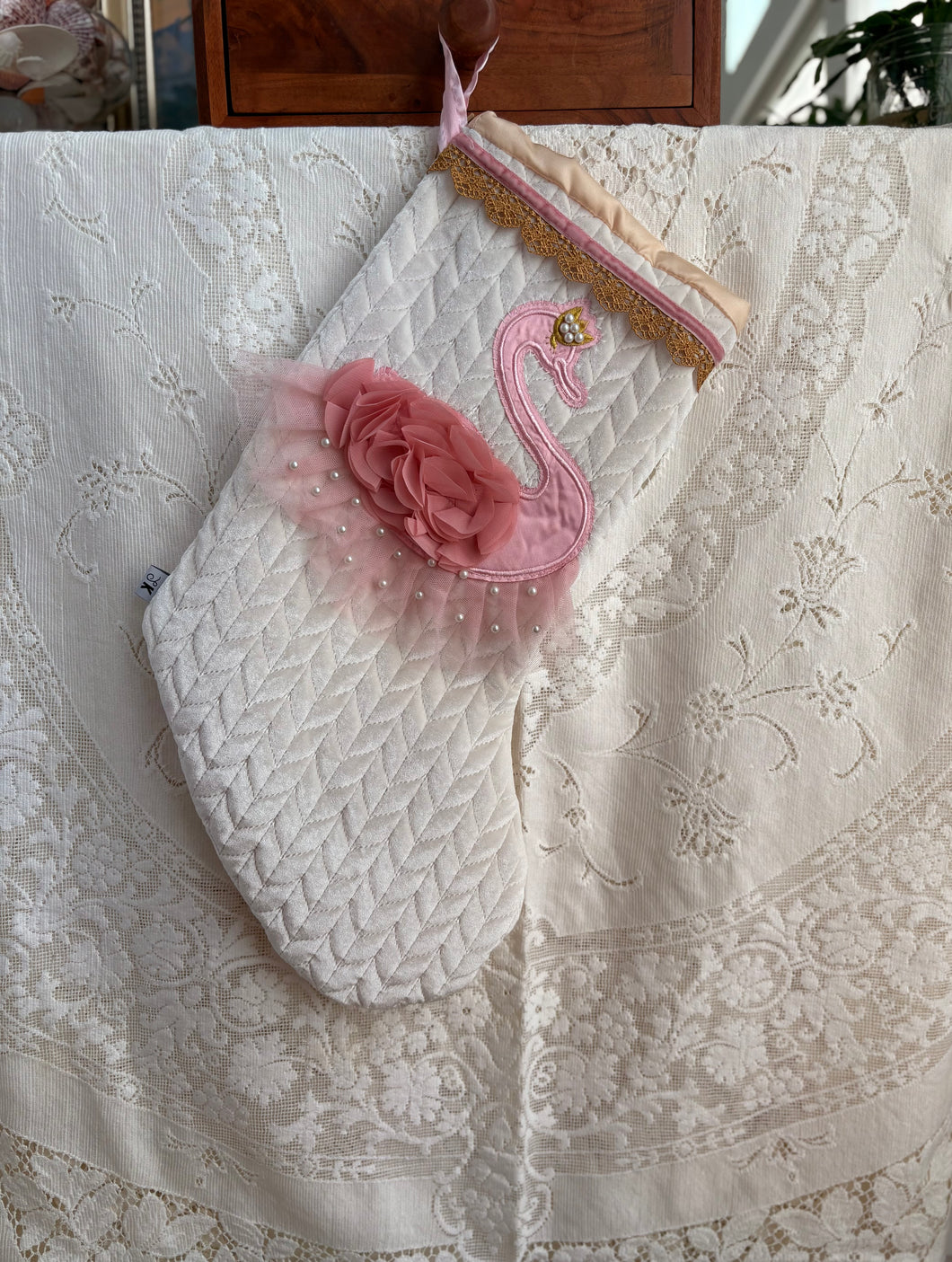 Heirloom OOAK Christmas Stocking: Pink Swan 1