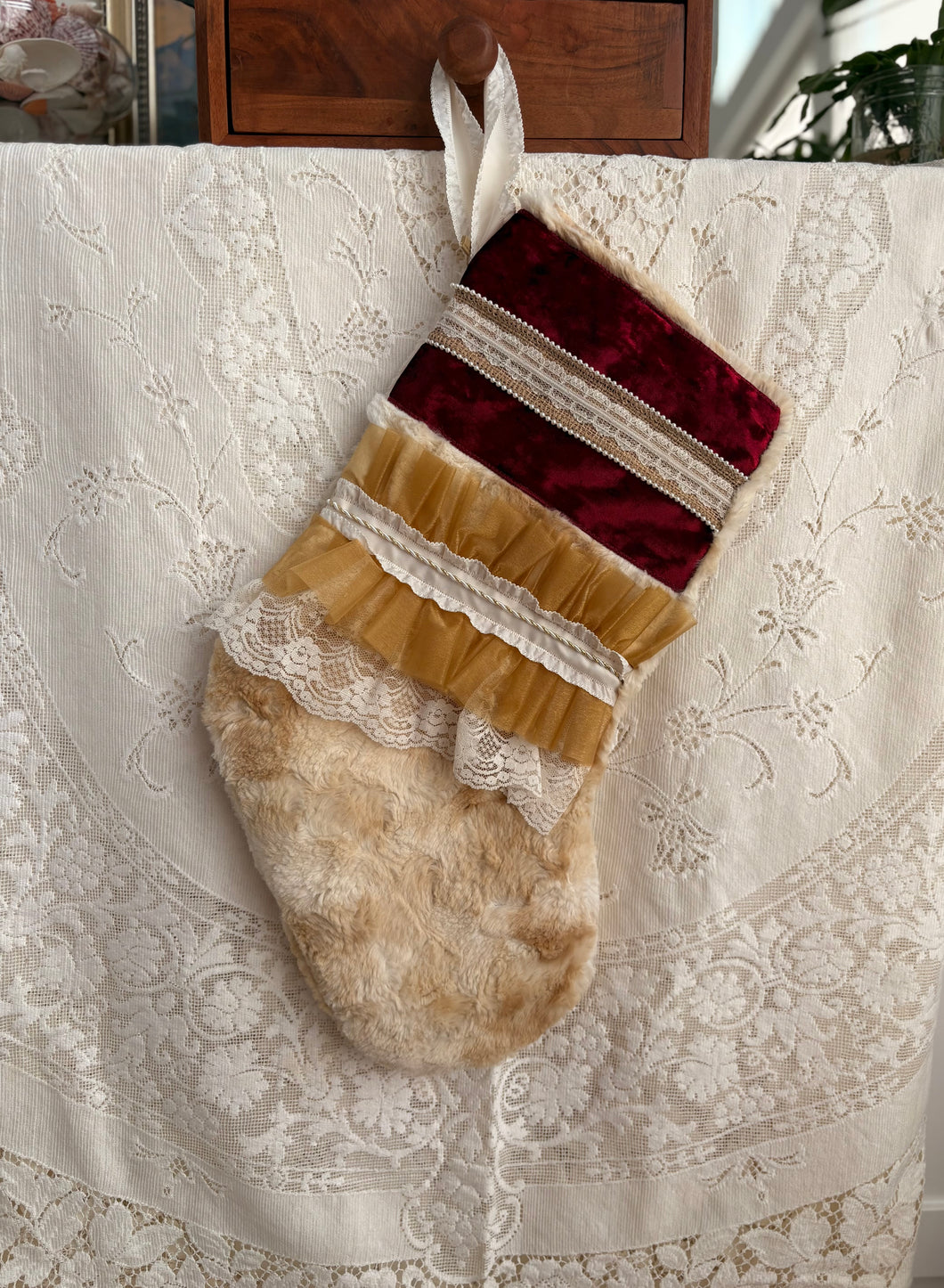 Heirloom OOAK Christmas Stocking: Maroon & Gold