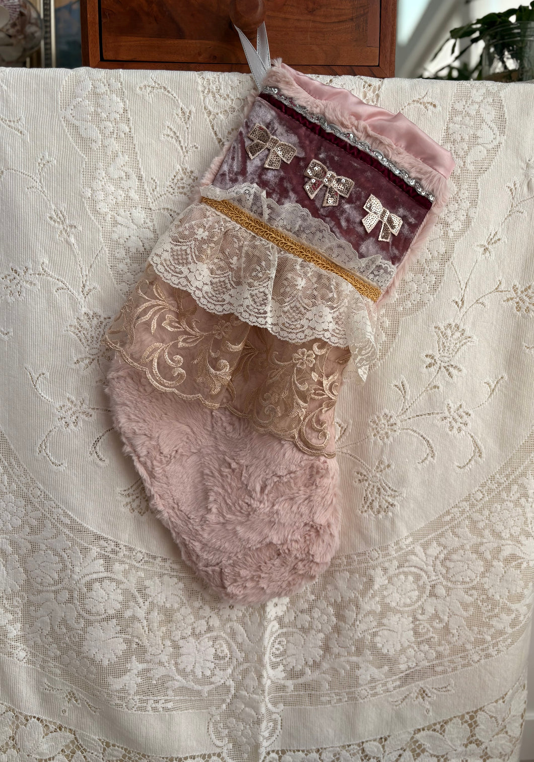 Heirloom OOAK Christmas Stocking: Crushed Velvet Bows