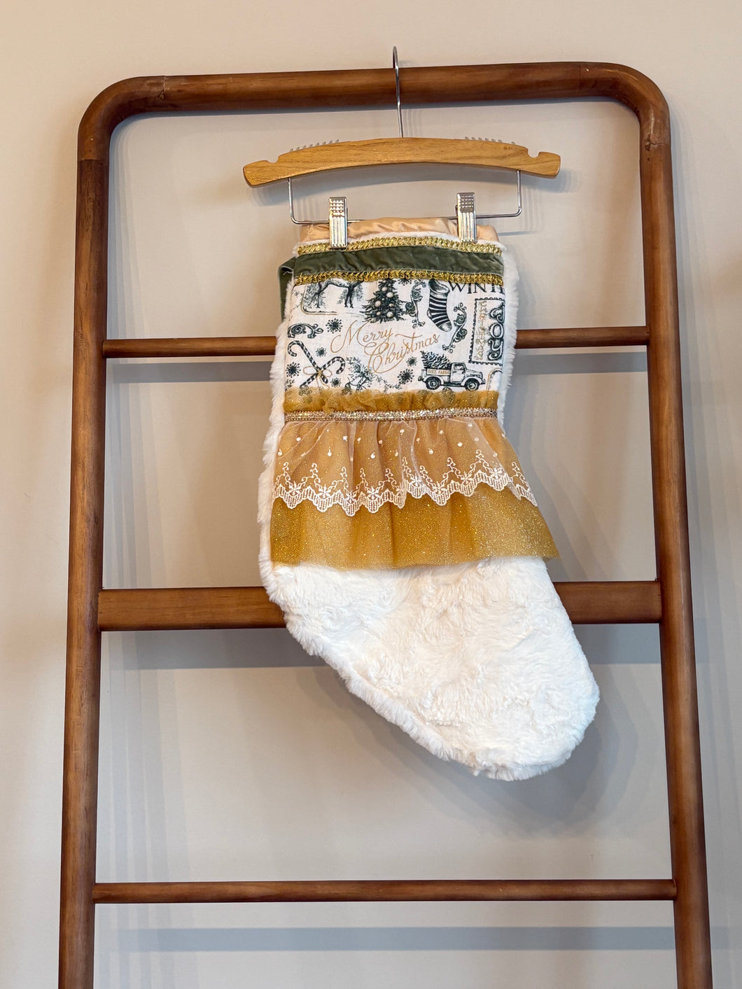 Heirloom OOAK Christmas Stocking Green Merry Christmas